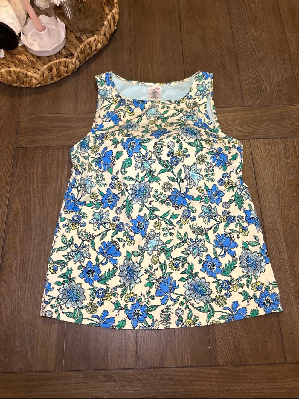 Lands' End Cream Tank Top with Blue Floral Print
